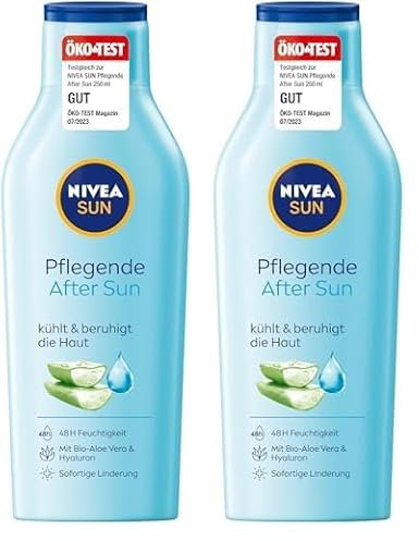 NIVEA SUN Pflegende After Sun Lotion (400 ml), Lotion mit hautberuhigender Wirkung nach dem Sonnenbad mit Bio-Aloe Vera und Hyaluron für 48h Feuchtigkeit (Packung mit 2)