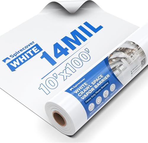 Spirecover Kriechraum-Dampfsperre – 14 mm weiße Dampfsperre, 3 m x 30 m, robuste Polyethylen-Folie, dicke Kunststofffolie, Kunststoff-Tropftuchabdeckung für Kriechraum, Keller
