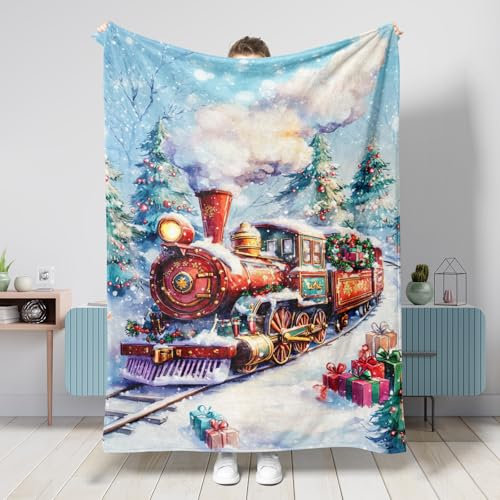 Coperta invernale natalizia con treno, colorata e vintage, decorazione per le vacanze, in morbido pile per divano, campeggio, viaggi, letto, tutte le stagioni, 101 x 127 cm