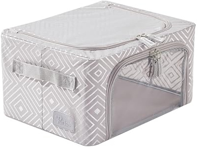 Periea ‘Beau’ Folding Collapsible Stackable Fabric Home Storage Boxes with Steel Frames (Metallic Grey, Compact)
