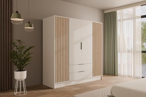 ALTDECOR Kleiderschrank mit selbstschließenden Lamellentüren, Lamellen, Flügeltüren - Nelia - 200 cm Weiß/Artisan