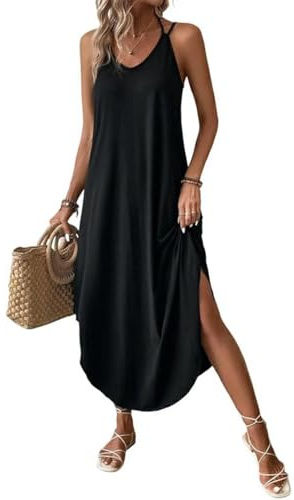 Chicrise Sommerkleid Damen Spaghetti Lang Sommer Ärmellos Maxikleid V Ausschnitt Trägerkleid