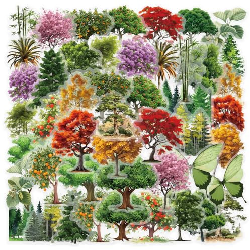 Transparent Forest Plant Stickers 50 Pcs Vinyl Trendy Cute Tree Sticker for Water Bottle Skateboard Laptop Car Scrapbook Luggage Bike Helmet,Funny Waterproof Butterfly Sticker for Teens Boys Adults
