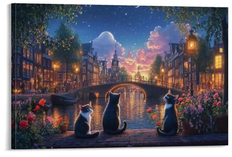 HLXZMCVBT Amsterdamer Kanal Leinwandbilder Bilder，Natur Wanddeko Kunstdrucke,Die Katze unter dem Sternenhimmel Wandbilder Groß Wand Bild，Wohnzimmer Room Decor Deko16x24inch(40x60cm)