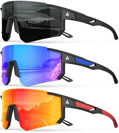 QALLY Polarized Sports Sunglasses for Men Women, UV400 Protection Mens Sunglasses Wrap Around Sun Glasses for Cycling Running(Multicolor)(A01-Grey/Drak Blue/Red)