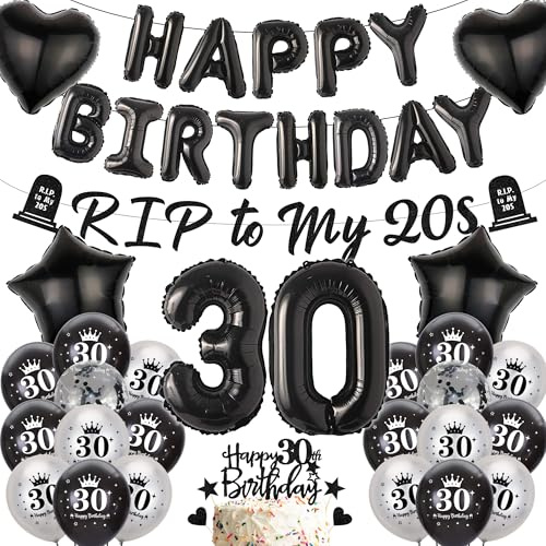 Schwarz 30 Geburtstag Deko für Männer Frauen - Happy Birthday und XXL Zahl 30 Folienballons, Funny Geburtstagsdeko mit Rip to MY 20s Banner Girlande Konfetti Ballons Silber Latexballon Kuchendeko