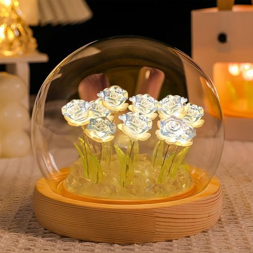 AWSOLAR Blue Rose Night Light, 10 LED Forever Roses in Glass Dome, Beautiful Flower Gift for Women Wife Girlfriend Mother