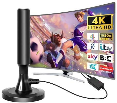 Indoor TV Aerial Indoor 250+ Miles Long Range - TV Antenna for Freeview TV Support 4K 1080P All Local with Booster & 16.4ft Coax Cable