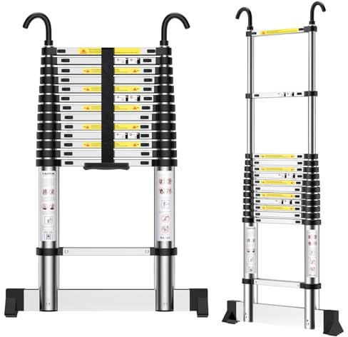 Scala telescopica da 4,9 m, scala in alluminio estensibile con gancio, gradini regolabili, per soppalco, pulizia grondaie, pulizia delle finestre, organizzazione di stoccaggio, ecc.