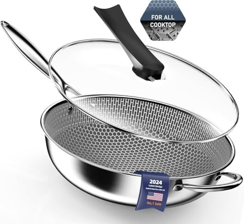 Kiseely Wok pan,Hybrid 13 inch Deep Fry Wok with Lid, Nonstick Pan with Stay-Cool Handle, Compatible with All Cooktops Including Induction, Stir Fry Pans with Round Bottom (PO2)