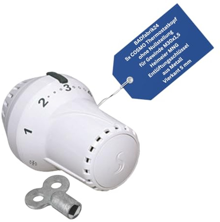 BADfabrik24 Thermostatkopf ohne Nullstellung M30 x 1,5 für Heimeier & MNG – 5er Set + Entlüftungsschlüssel 5 mm Vierkant Metall – manuelle Heizkörper-Regelung, klare Skala
