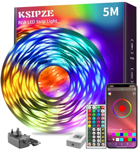 KSIPZE Led Streifen 5m, RGB LED Strip mit Fernbedienung Bluetooth App, Dimmbar Farbwechsel led Lichterkette Lichtband Musik Sync, Selbstklebend Leds Kette Leiste band Beleuchtung für Zimmer Partei