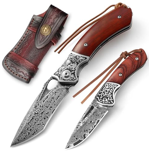 DRACHENADER Damast-Taschenmesser Set, 2er Klappmesser aus 67 Lagen VG10 Damaststahl, Zweihandmesser mit Liner Lock, §42a-konform, Enthält RUBY SEED und HB mit Lederscheide