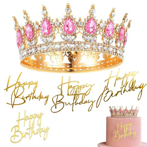 Gleevio Krone Tortendeko Geburtstag Mädchen Damen,mit 4 Stück Happy Birthday Cake Topper Prinzessin Krone Mädchen,Happy Birthday Deko Torte für Geburtstagsgeschenk Brautkrone Abschlussball,Rosa Gold