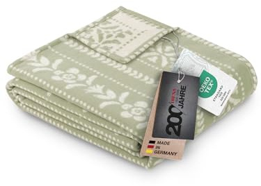 Ibena 1836 Exklusive Jubiläumsdecke 140x200 cm - Bio Wolldecke, warm & weich - Made in Germany, 100% Baumwolle - Kuscheldecke grün mit Blumenranken