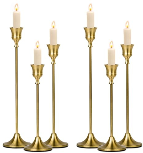 Vautvis Kerzenständer Gold, 6 Stück Kerzenhalter 19.5/23.3/27.2cm | Kerzenständer Stabkerzen, Kerzenleuchter aus Metall, Kerze Stand Weihnachten Vintage Dekoration für Party, Hochzeits