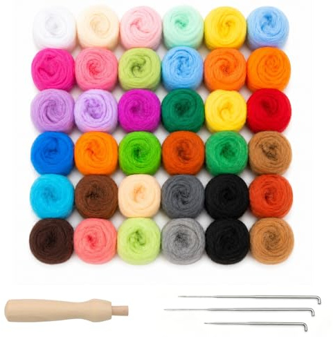 SPOKKI 36 Farben Filzwolle 108g Märchenwolle Filzwolle Trockenfilzen & Nassfilzen Filzwolle Set mit Filznadeln Filzen Starterset mit Naturfasern für DIY Craft Projekte Handwerk Deko Basteln Stricken