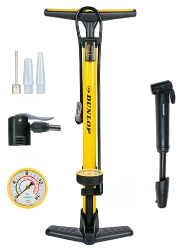 Dunlop Fahrradpumpe mit Manometer und Fahrrad Reparaturset 14 teilig - Fahrrad Werkzeug Set mit Mini Pumpe und Flickzeug - Für Presta Dunlop Schrader Ventil - Schwarz