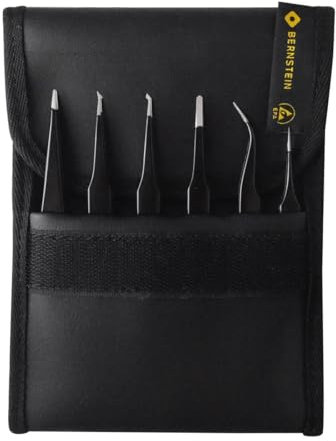 BERNSTEIN ESD Pinzetten Set 6 tlg. | Präzisionspinzette spitz gebogen, entgitterwerkzeug plotter, löt zubehör, bastelpinzette, pinzette modellbau