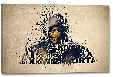 Caro-Art Mortal Kombat X Scorpion Typographie 90x60cm Digital Art Beige Schwarz Leinwandbild auf Keilrahmen Wandbilder