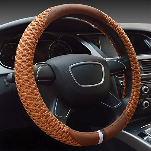 XuanMax Universal Lenkradbezug PU Leder Atmungsaktiv Lenkradhulle Anti-Rutsch Lenkradschoner Fahrzeug Auto Lenkrad Abdeckung Steering Wheel Cover Lenkradabdeckung 38cm - Braun