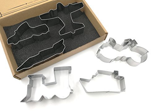 JOKUMO Transportation/Vehicle Cookie Cutters Set – 6 PC High Grade 430 Stainless Steel –Truck, Formula car, Train, Airplane, Motorcycle and Ferry