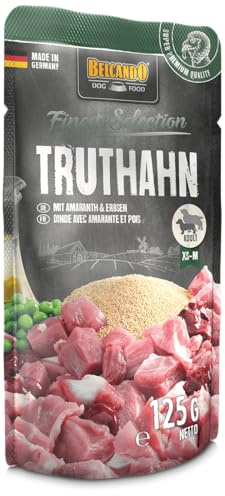 Belcando Finest Selection Truthahn mit Amaranth & Erbsen | 12 x 125 g | Feuchtnahrung für ausgewachsene Hunde | Saftiges Truthahnfleisch schonend im Portionsbeutel gegart