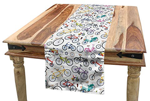ABAKUHAUS Fahrrad Tischläufer, Retro Bunte Fahrräder, Esszimmer Küche Rechteckiger Dekorativer Tischläufer, 40 x 225 cm, Grau Weiß