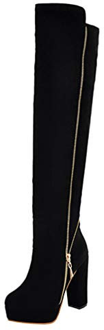 LUXMAX Donna Stivali sopra Il Ginocchio Tacco Alto Blocco Platform Scarpe con Cerniera High Heels Boots (Nero) - 38 EU