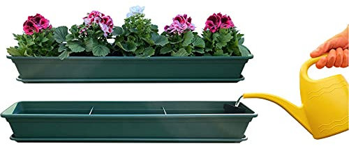 Hossi's Wholesale Blumenkasten Balkonkasten Pflanzkasten Grün mit Bewässerungssystem und Balkonkasten Untersetzer 100cm