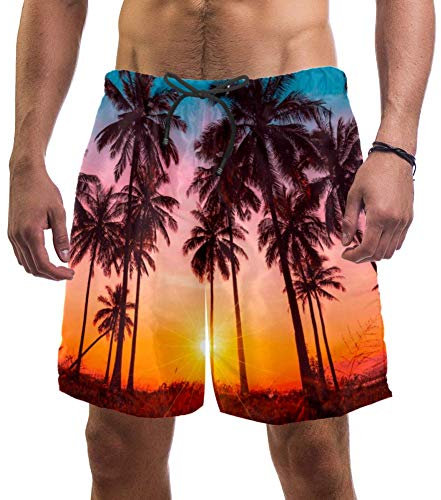 Costume da bagno da uomo, da spiaggia, con alberi di cocco, palme e tramonto Multi L