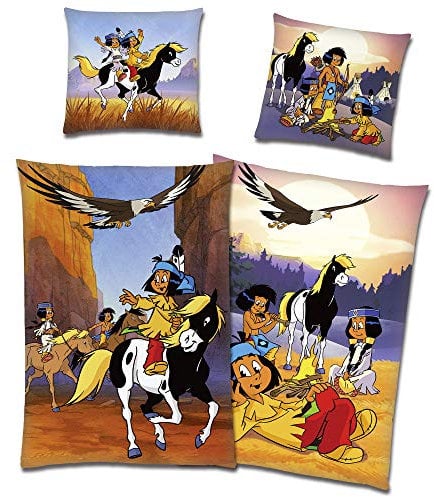 Yakari Wende-Bettwäsche Lagerfeuer 135 x 200 + 80 x 80 100% Baumwolle Renforcé-Linon-Qualität m. YKK-Reißverschluss Kleiner Donner Regenbogen Dachs Großer Adler Kinderbettwäsche deutsche Größe