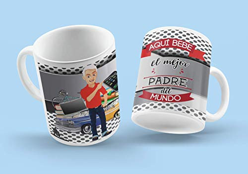Taza Desayuno Personalizada para Regalo día del padre.-Aquí Bebe el Mejor Padre del Mundo.- Regalo original para hombres con frase.350 ml. (Padre Cano)