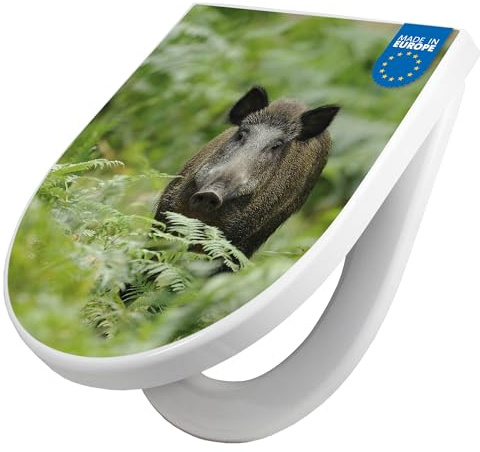 banjado WC Sitz mit Absenkautomatik D Form - Toilettendeckel mit Absenkautomatik D Form - Klodeckel Softclose - stabile Klobrille - Toilettensitz Weiß - Motiv Wildschwein