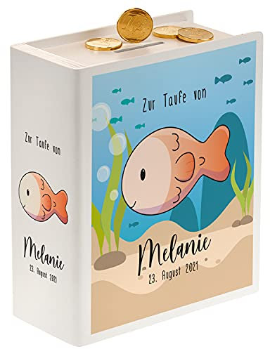 Sparbuch als Personalisiertes Taufgeschenk für Jungen und Mädchen | Spardose aus Holz zur Taufe | Geschenkidee Geldgeschenk für Kinder | Wiederverschließbar | 18x15x7cm | Weiß | Fisch