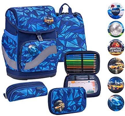 Belmil Premium Smarty Plus ergonomisches Schulranzen Set 5-teilig mit Patch Set 6 Stück, AGR, Brustgurt, Hüftgurt, Magnetverschluss (405-51/P/S Glacier Blue)