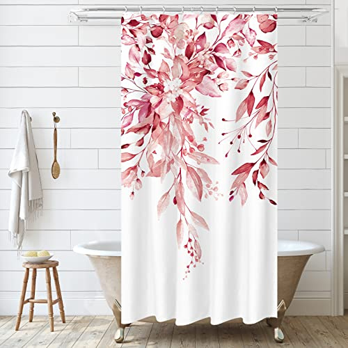 Tititex Ensemble de rideaux de douche Eucalyptus, feuilles rose poudré en aquarelle sur la partie supérieure avec décoration florale pour salle de bain, 91,4 x 183 cm avec crochets, rose