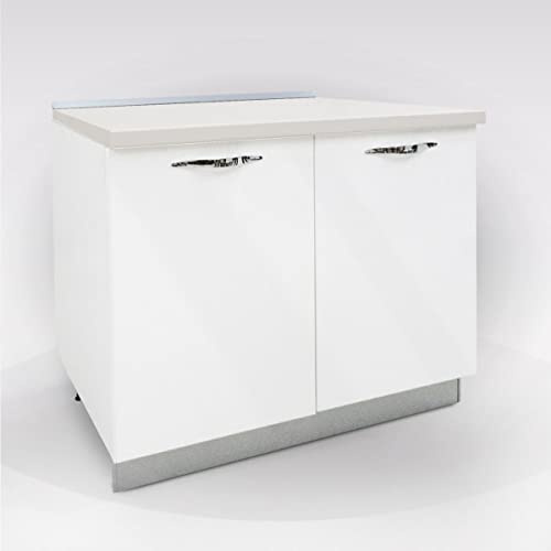 My Brand Base Cucina a Terra 90 cm 2 Ante Bianco Lucido con Top Cream | Mobile cucina in laminato, 1 ripiano interno, maniglia cromo, alzatina grigia, zoccolo frontale, 90x60x86 cm