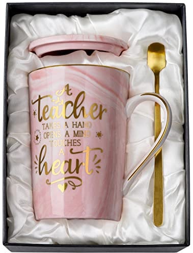 Unique Teacher Appreciation Gifts for Women - Best Teacher Christmas Gifts for Teachers, 14oz Pink Marble Ceramic Coffee Mug Printed with Gold, Retirement Birthday Ideas, End of The Year, Gift Boxed
