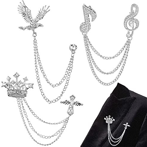 TTDD 3 Stück Anzugbrosche für Herren, Strass-Brosche-Set, Strassbrosche aus Metall, Kleiderbrosche Silber, Schmuckbrosche Krone, Adler, Musiknote für Freund, Vater, Ehefrau, Ehemann(Silber)