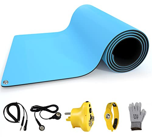 Aidacom 76.2x30.5 cm ESD-Gummimatte, antistatische Tischbodenpolster für PC-Gebäude, elektronische Geräte, Reparatur, Lötmontagearbeiten, W/H Erdungskit,Antistatische Stecker, Kordelhandschuhe, Blau