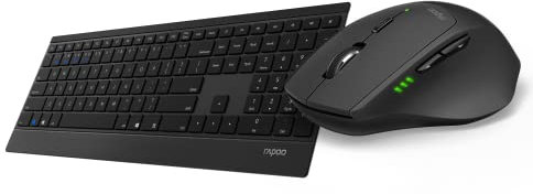 Rapoo | Teclado y ratón inalámbrico con QWERTY portugués (Combo Teclado y ratón con tecnología multimodo Bluetooth y 2.4GHZ, ratón óptico con 1.600 dpi, Teclado Ultrafino) Negro