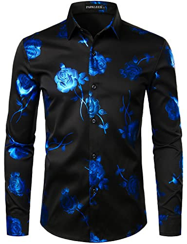 PARKLEES Chemise à manches longues pour homme - Imprimé rose doré - Coupe ajustée, Zzcl22-noir bleu roi, M