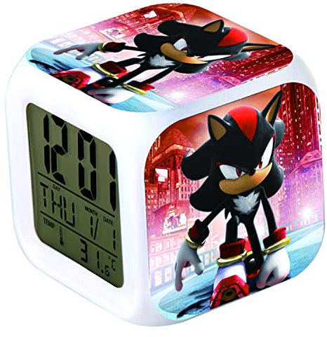 R-timer Sonic Wecker Kinder, Digitaler Wecker Mit Led-Anzeige, Desktop-Uhr Mit 8 KlingeltöNen,Uhr FüR Nachttisch, FüR Kinder Und Teenager (Shadow The Hedgehog)