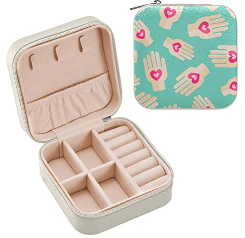Kleine Schmuckschatulle für Damen, Palme mit rosa Herz, PU-Leder, Reise-Schmucketui für Ringe, Ohrringe, Halsketten, Uhr, Geschenke für Mädchen, Frauen, Krankenversicherung, nahtloses Muster