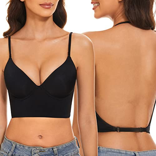 seagallery Low Back Bras for Women Push Up Deep V Neck Plunge Backless Bra Multiway Strap Convertible Bra Wire Lifting Bra Black