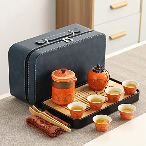 KEYDUACU Chinesisches Tee-Set, Gongfu-Tee-Set, tragbares asiatisches Reise-Kung-Fu-Tee-Set für Erwachsene, traditionelles japanisches Teezeremonie-Set (Orange Rot)