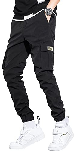 Elegancity Schwarze Jogginghose Herren Cargohose Einfarbig Hose Männer Causal Sporthose Elastische Freizeithose mit 6 Tasche M