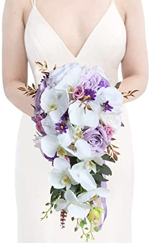 INSUNSIX Brautsträuße für die Braut, 27,9 cm, künstliche Blumen, Brautstrauß, kaskadierend, Hochzeitssträuße für Braut für Hochzeitszeremonie und Jahrestag, Weiß / Violett