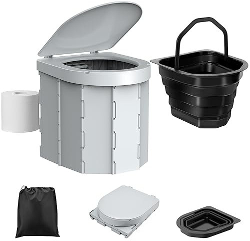 WADEO Inodoro portátil para Acampar con Cubo Interior extraíble, Inodoro Plegable para Adultos y niños, Orinal Plegable con Soporte de Papel y Forro, Ideal para Senderismo, Camping, Viajes (Gris)